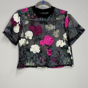 Embroidered Floral Mesh Crop Top - Black with Pink & Cream Flowers